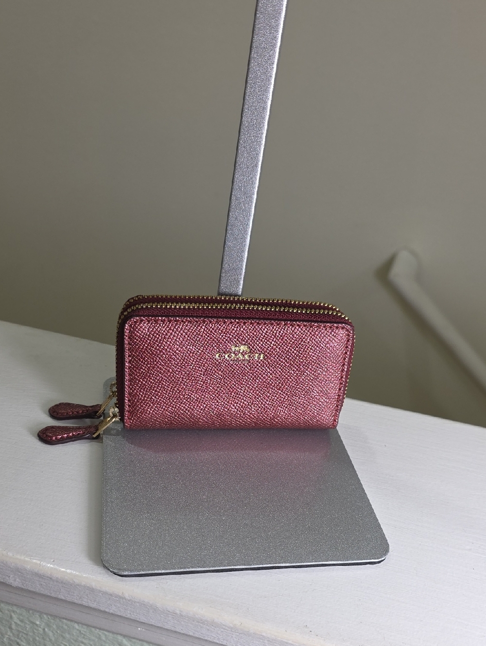 Coach Cherry Metallic/Goldtone Crossgrain Leather Double Zip Card Holder NWOT